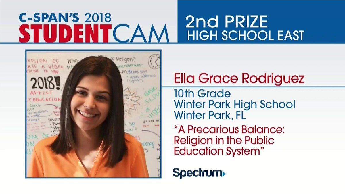 StudentCam's tweet photo. Congrats to Ella Grace Rodriguez from Winter Park HS in Winter Park, FL for her 2nd Prize win with her video, "A Precarious Balance: Religion in the Public Education System." Watch it here: https://t.co/fJ1aGhOcge @SenBillNelson @marcorubio @RepStephMurphy @GetSpectrum @WPHS_OCPS https://t.co/WUndrZLqvw