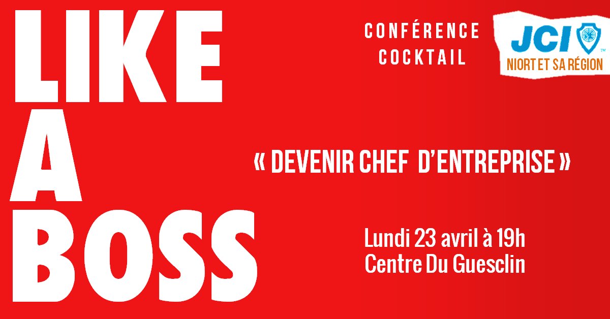La #JCE de #Niort et sa région a le plaisir de vous convier à sa conférence Like a Boss qui aura lieu le 23 avril.
facebook.com/events/1996942…

La conférence sera animée par Cécilia Rochefort (Le Petit Economiste), Gaël Praud (SORAM) et Henri Daniault (Danaud).
cc <a href="/e_niort/">e_niort</a>