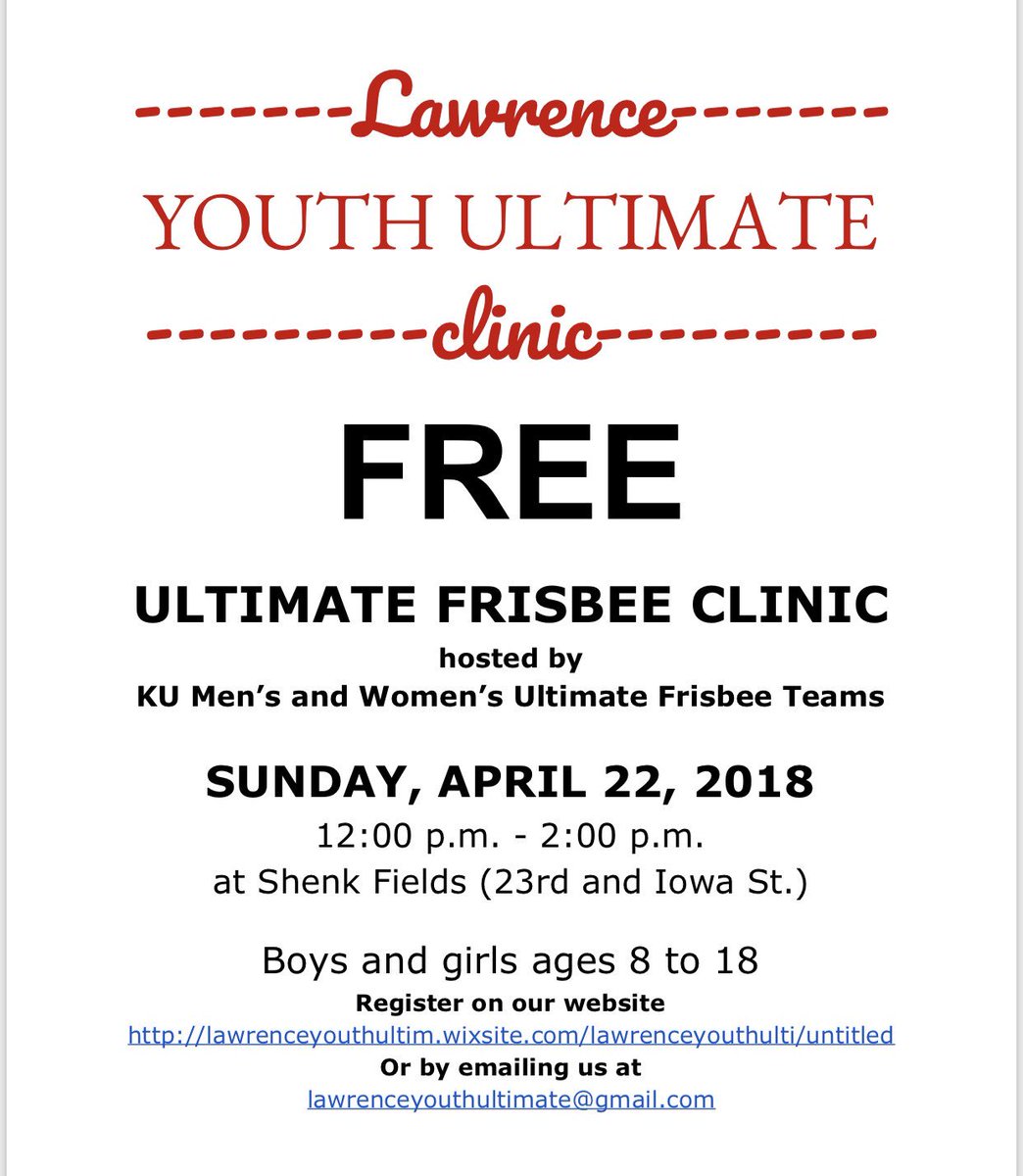 KCYouthUltimate's tweet photo. the KU men’s and women’s frisbee teams are hosting a FREE youth clinic on Sunday and we thing you should go! ❤️💙 https://t.co/h8Nw5mF1So