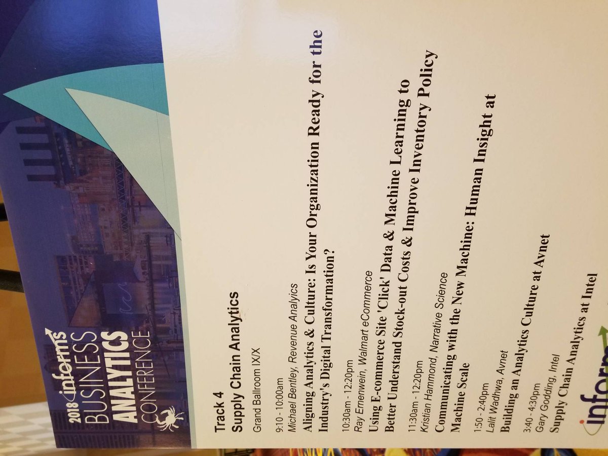 ADBurciaga's tweet photo. Amazing slate today at the Supply Chain Analytics track where Advance Analytics are being shown to both pick the high hanging fruit as well as "the low-hanging fruit that is practically lying on the ground." Grand Ballroom IX #Analytics2018 @INFORMS https://t.co/O5CbMXFEpB