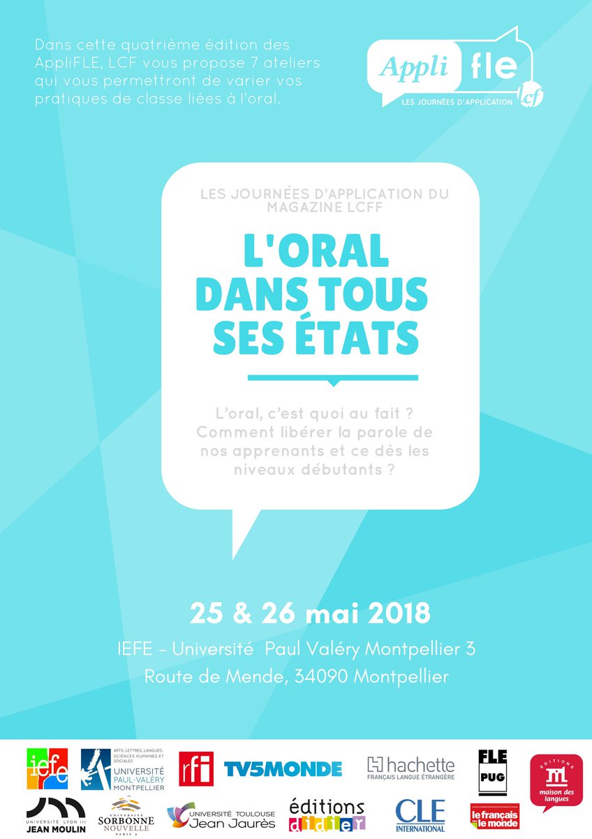 LCFmagazine's tweet photo. 📣 A vos agendas #formation #FLE 📣 
Vous #enseignez le #français et vous souhaitez vous former ? 
Rendez-vous les 25 &amp; 26 mai 2018 à Montpellier ! 
Découvrez les ateliers ➡ https://t.co/5jZIPbNfxN 
Pour vous inscrire, remplissez le formulaire ➡https://t.co/4bMU6etSOR https://t.co/x2uwchNma5