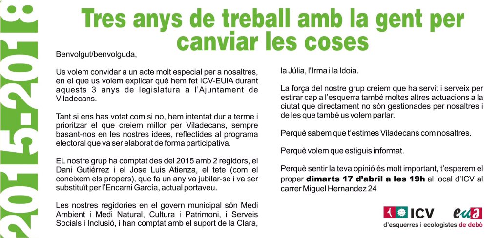 EUiA informarà aquest dimarts 17 d'Abril al carrer Miguel Hernandez 24 amb els companys d'ICV sobre l'acció de govern dels darrers 3 anys. Vine a informar-te, t'hi esperem a les 19.00h al local d'ICV.