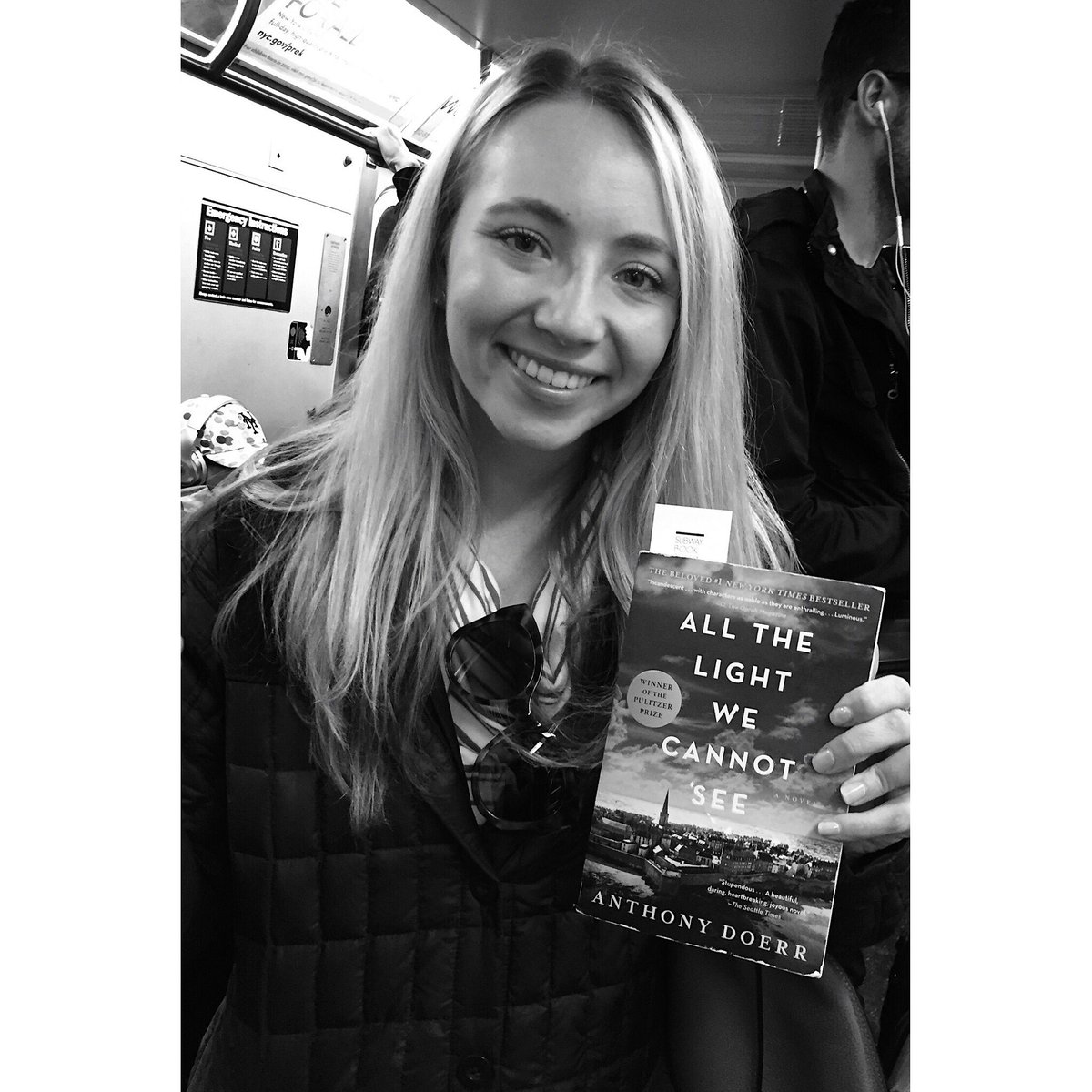 SbwyBookreview's tweet photo. Halie: “I’m just getting to know the characters. Marie-Laure is one of them. She is blind and it’s interesting to read about how she’s facing that challenge, especially at the beginning of World War II.” #subwaybookreview #newyork https://t.co/D68KdClDLC