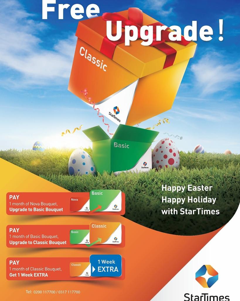 StarTimesUganda's tweet photo. Only 4 days to the end of our #FreeUpgradeOffer! Upgrade to the next higher bouquet For FREE when you subscribe a FULL MONTH subscription to your current bouquet. Offer runs until 20th April 2018!
#FREEUpgrade #StarTimesEasterOffer https://t.co/76MiC3lvpP