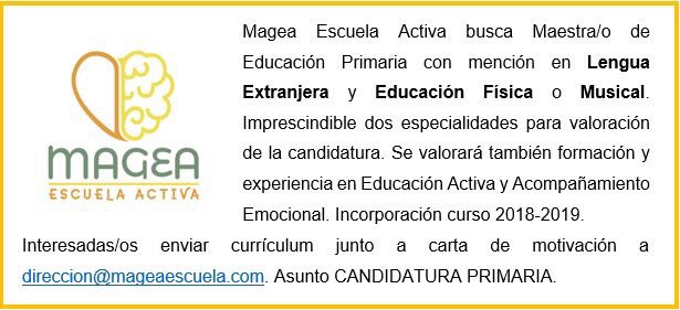 MageaEscuela's tweet photo. #OfertadeEmpleo #Magea #EscuelaActiva #EducaciónActiva #AcompañamientoEmocional #EducaciónPrimaria #EducaciónFísica #EducaciónMusical #Burgos https://t.co/xl4w5a0v3m