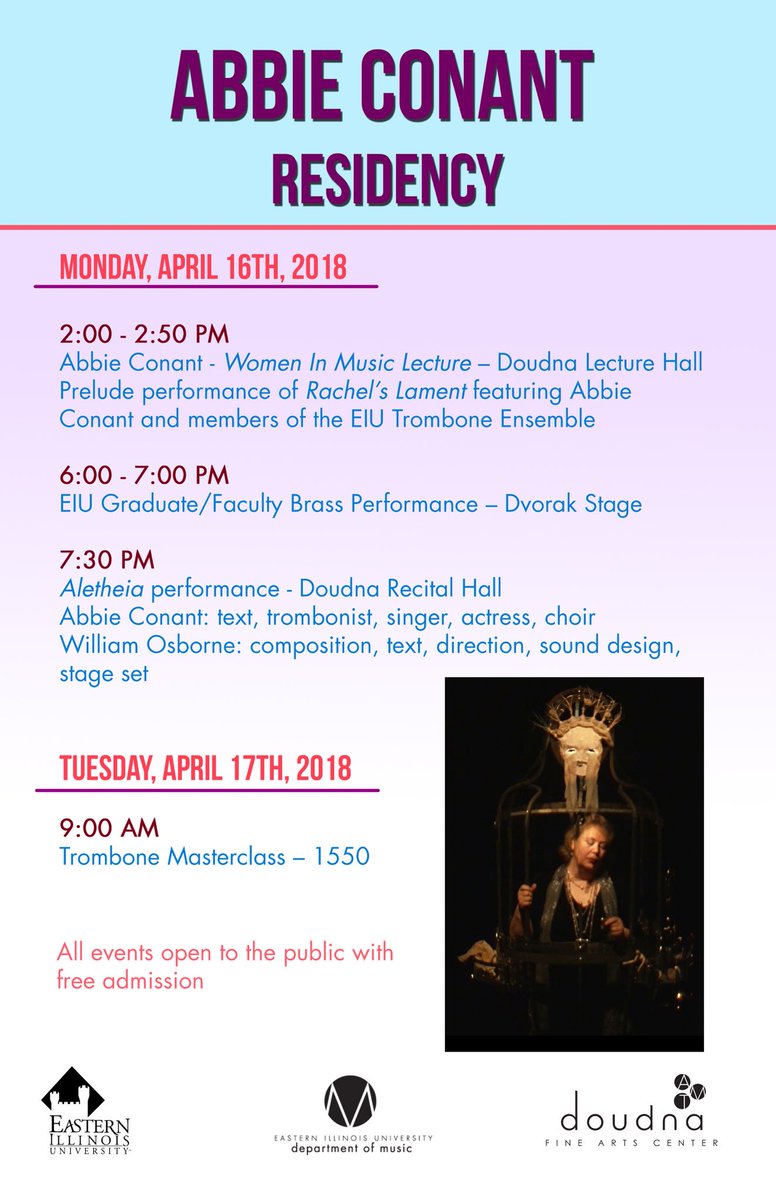 Make sure you check out any and all of the Abbie Conant events going on today! 2pm, 6pm, and 7:30pm! A big thank you to the EIU Music Department for putting on such incredible events!