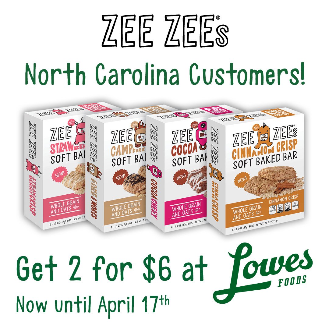 ZeeZeesFoods's tweet photo. Reminder to our North Carolina customers: we're running a promo for our #softbakedbars - buy 2 boxes for $6, only at @LowesFoods grocery stores! In-store and at https://t.co/v9Njz5b4Lq, until tomorrow 4/17.

#MeetTheZeeZees #ZeeZees #LowesFoods https://t.co/pOZYrxR30o