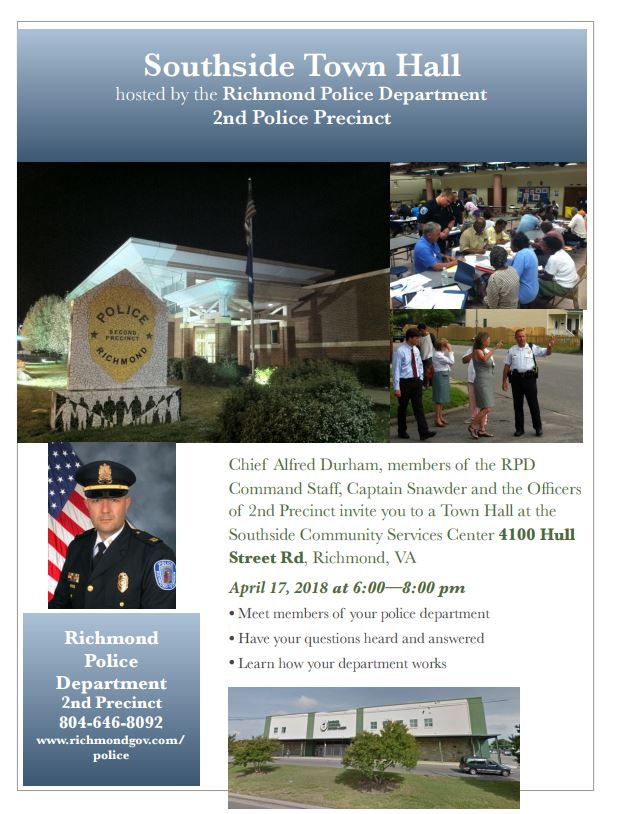 RichmondPolice's tweet photo. The Second Precinct Community Town Hall is tomorrow! It will be from 6-8 p.m. at the Southside Community Services Center located at 4100 Hull Street. #rva https://t.co/g7bkX1NXLn