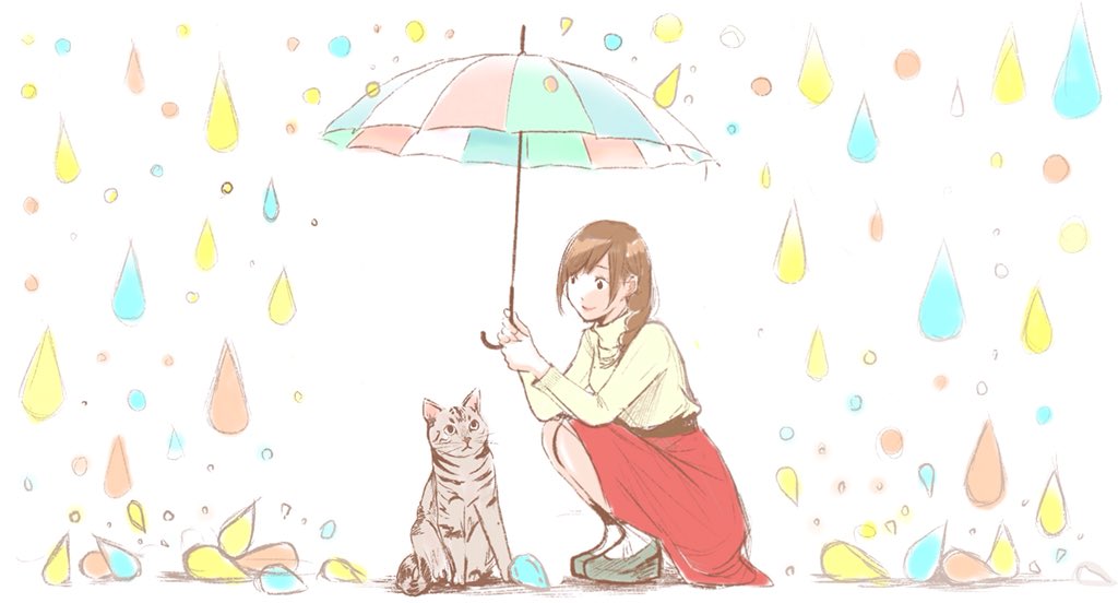 توییتر 髙堀 健太 ホリプー در توییتر 描いた絵の解説します 雨 でも楽しい気分でおでかけ というのがメッセージ ま 雨と飴のダジャレですね こんなの降ってたらケガするw 可愛い雨と傘が描きたくて 傘を持つ女の子を描いたら スペースがポツンと空い