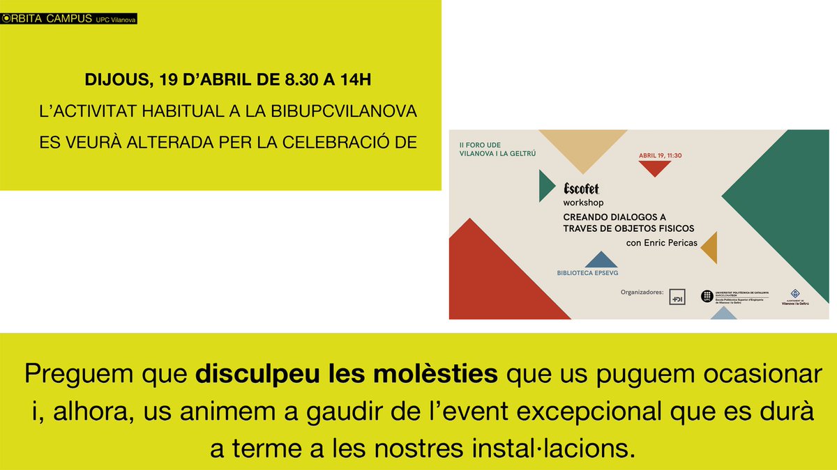 BibUPCVILANOVA's tweet photo. 📢Dijous acollim el workshop  "Creando diálogos a través de objetos físicos", i l'ambient a la biblioteca es veurà afectat per la dinàmica d'aquest event. Serà de 11.30 a 13.45h. Us animem a viure'l amb nosaltres! https://t.co/HM6lWZeLII #nonomesprestemllibres #IIFOROUDE https://t.co/k22hJP5vyU