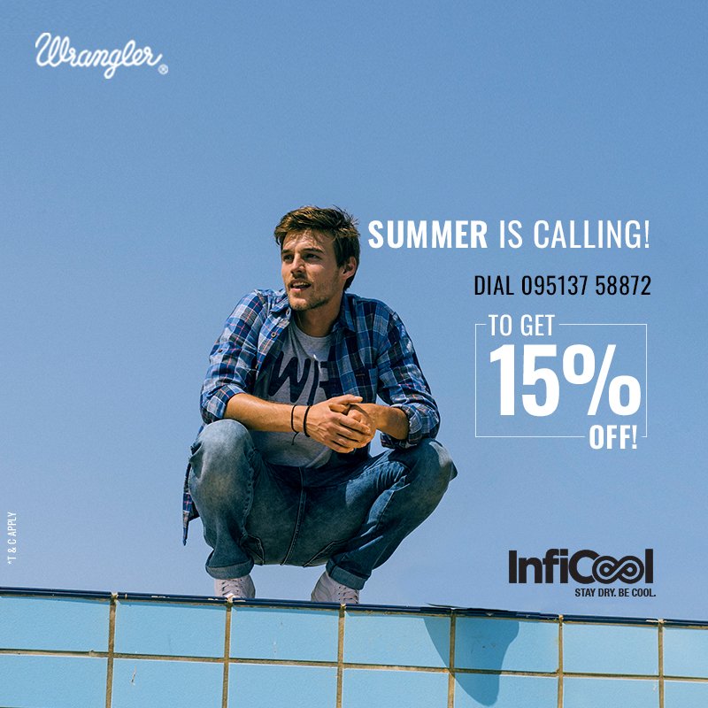 Wranglerdenims's tweet photo. Here’s a fabulous opportunity to keep sweat and stickiness at bay this summer. Give a missed call to 09513758872 & get 15% off on Wrangler’s InfiCool apparel. #StayDryBeCool
Wrangler Inficool is powered by Kooltex from RELan. @RElanOfficial https://t.co/W2ZnxJRT0a