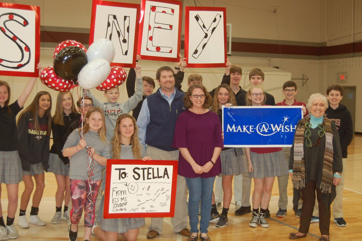 ecs_eagles's tweet photo. Middle School Student Council worked for two years to grant a Make-a-Wish for 9-year-old Stella, a @StJude patient! It was an exciting day for all! Thanks also to 1994 ECS alum, @ashliavis, @MakeAWishMidS Director of Wishes, for attending the presentation. #ecsservice https://t.co/eO0X9Y4Dph