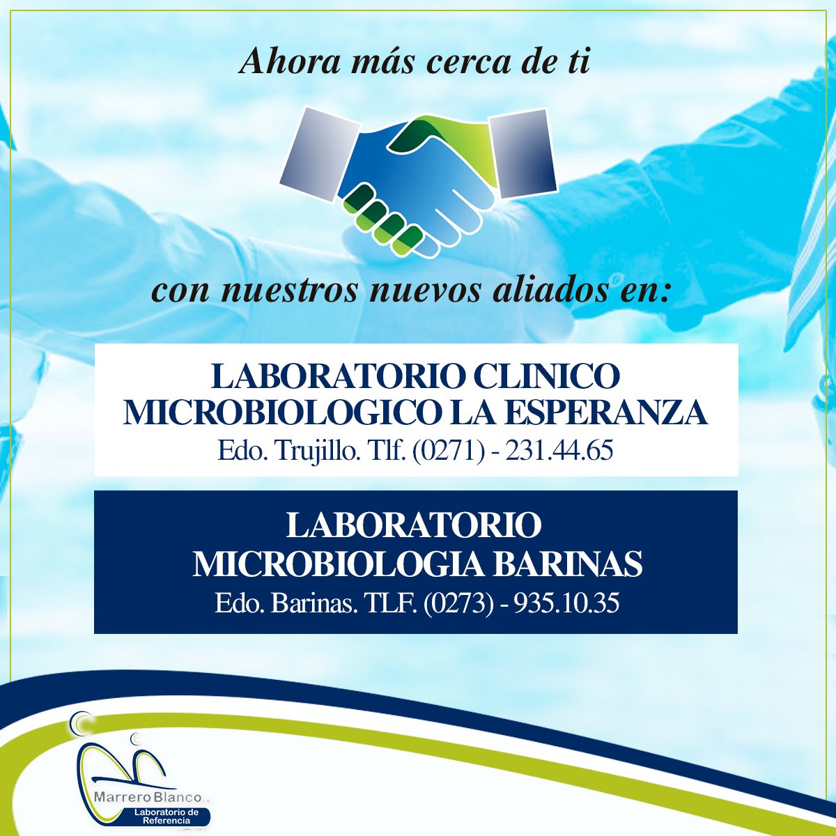 LRMarreroBlanco's tweet photo. Siempre fieles a nuestro compromiso de ayudar y servir a nuestros Usuarios, nos complace estar más cerca de Tí gracias a la alianza con los laboratorios amigos Lab Clínico La Esperanza en el edo. Trujillo y Lab Microbiología Barinas, en el edo Barinas. Te esperamos! https://t.co/wTsJbWIyh6