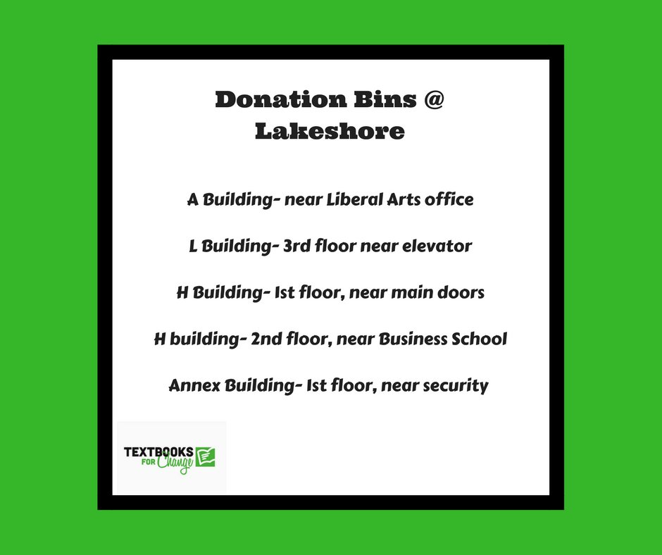 T4Chumber's tweet photo. Did you know that @Textbooks4C has donation bins at both the North and Lakeshore campus? Consider donating your unwanted textbooks today to help students all around the world!

#textbooksforchange #bookbybook #EducationForAll https://t.co/QTqZtecxrS