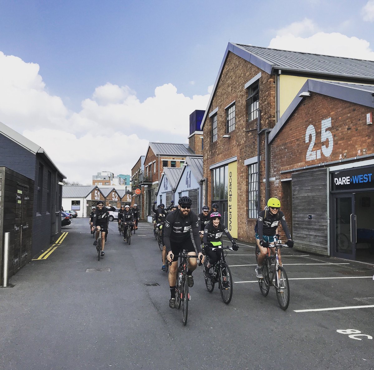 thisisdare's tweet photo. On Saturday 20 riders made it to the finish @dare_west - 140 miles from our London hub. What a ride - amazing to finish with Polly (Larry's wife), ride with Ron (his dad) and have Clare (Jon's wife) welcoming us at the finish line. Donate to our cause: https://t.co/jIyITgFt2Y https://t.co/kpgCJjn5pz