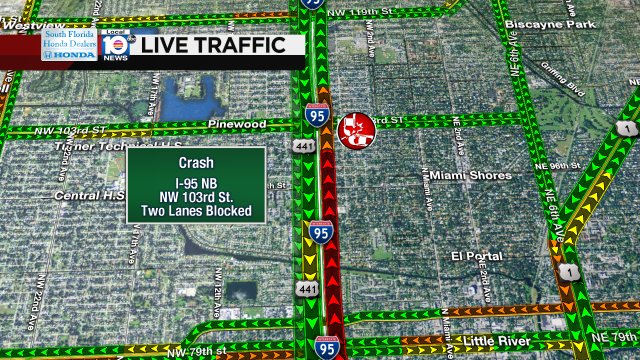 CRASH: I-95 NB & NW 103rd St. Two lanes are blocked and delays are stretching back for miles. #TRAFFIC #MIAMI https://t.co/MlopzNnvvN