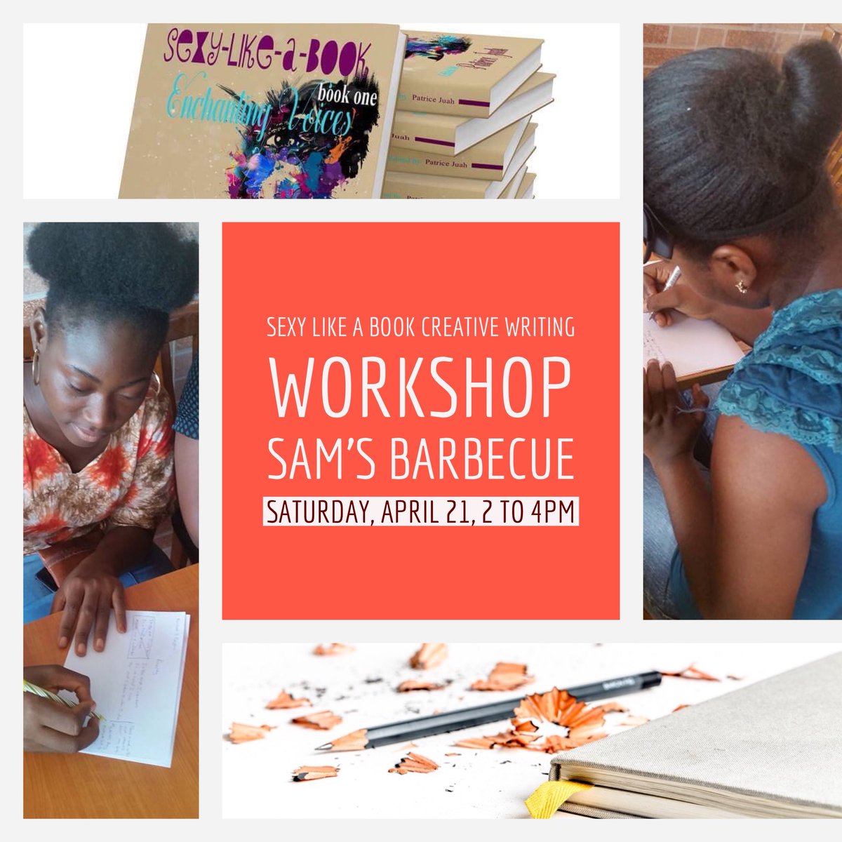 sexylikeabook's tweet photo. Our first #SexyLikeABook Creative Writing Workshop for the winners and finalists of our 2nd Annual Sexy Like A Book Poetry Competition takes place on Saturday, April 21, at Sam’s Barbecue. We’re excited to welcome our new class of talented young writers. Congratulations!📚🎉💫 https://t.co/bt3Q9FUY4X