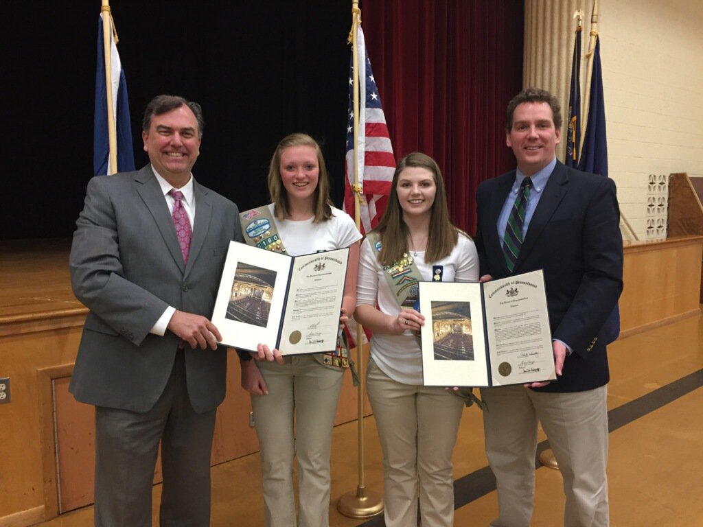 RepNesbit's tweet image. Congratulations to Makenna Fritz of Hadley &amp;amp; Julie Mozes (pictured w/ Rep. Wentling) for earning the #GirlScout #GoldAward. Way to go!!