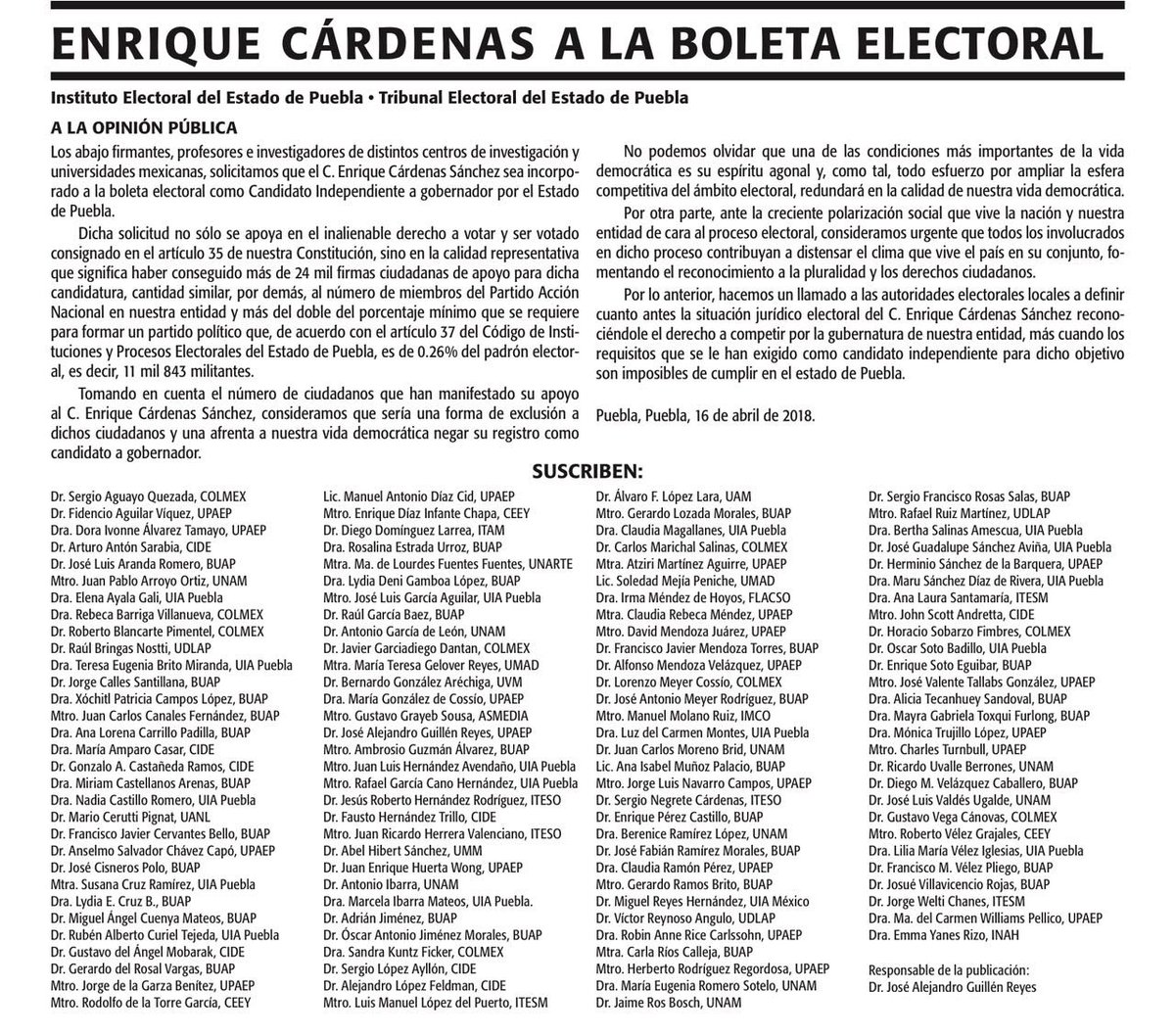 ECardenasSan's tweet photo. Muchas gracias a los 120 académicos e investigadores que hoy publicaron este desplegado pidiendo mi inclusión en la boleta #Puebla #Elecciones #Independiente @Puebla_IEE @TEPJF_informa @trielecpue https://t.co/3a66Y4AD52