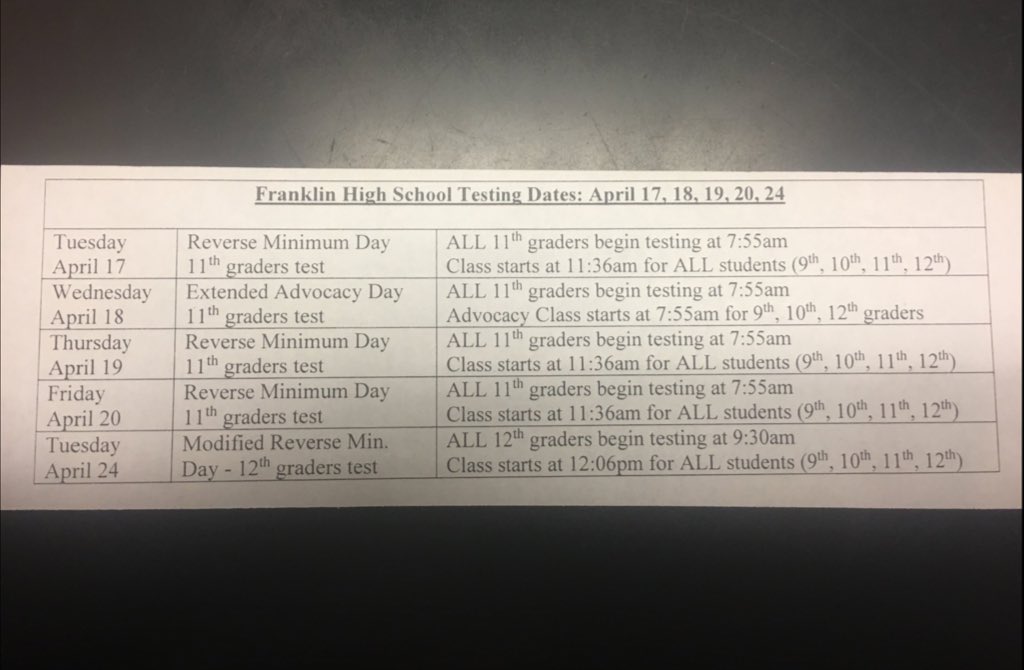 Testing schedule for the next two weeks! Let’s work hard if we are testing and arrive on time if we aren’t!