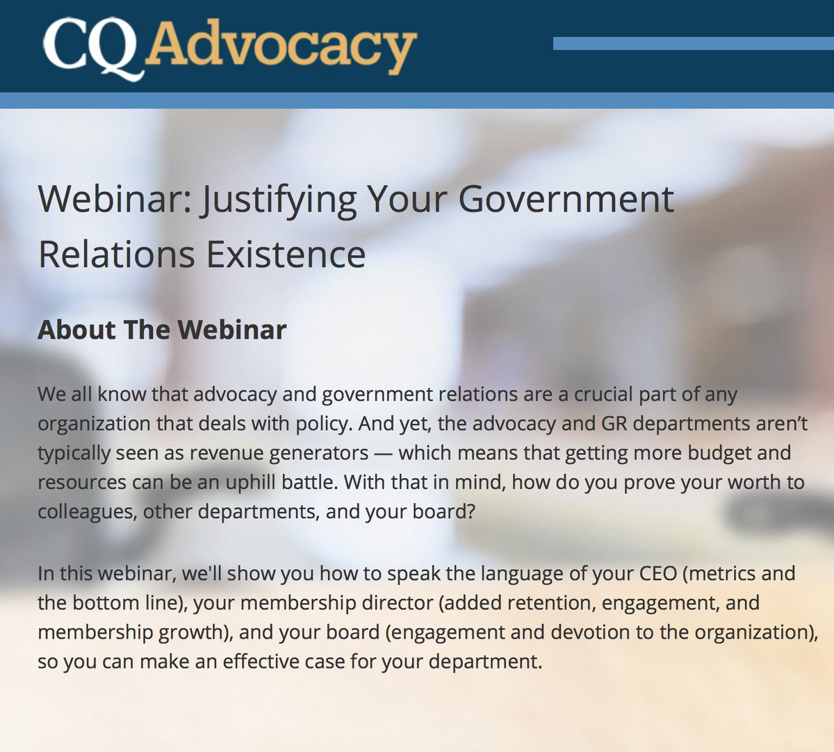 UWofKentucky's tweet photo. Do you want to learn how to demonstrate the value of your organization's public policy and advocacy work? Join @CQRollCall for "Justifying Your Government Relations Existence" Webinar, April 18 at 2pm with @CQConnectivity, @drehr and 
@JoshuaHabursky: https://t.co/yrLW44mMX1 https://t.co/xeq70gzEj7