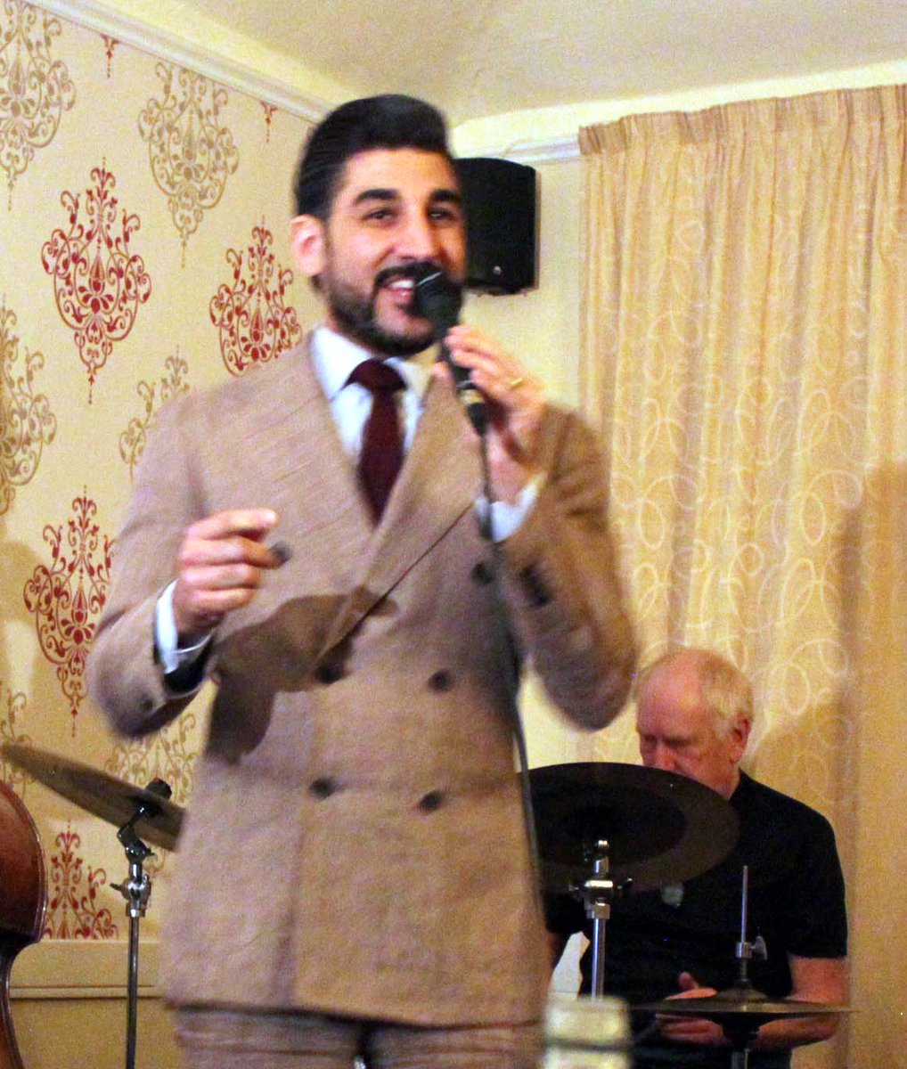 jazznightsuk's tweet photo. Atila at Jazznights with Roger Odell, Simon Brown, Bernie Hodgkins and Larraine Odell at the Bell Hotel, Clare on Sunday 15th April 2018. Pictures and blog at https://t.co/rMm1RW1QjO https://t.co/zLJ4l0lM6C