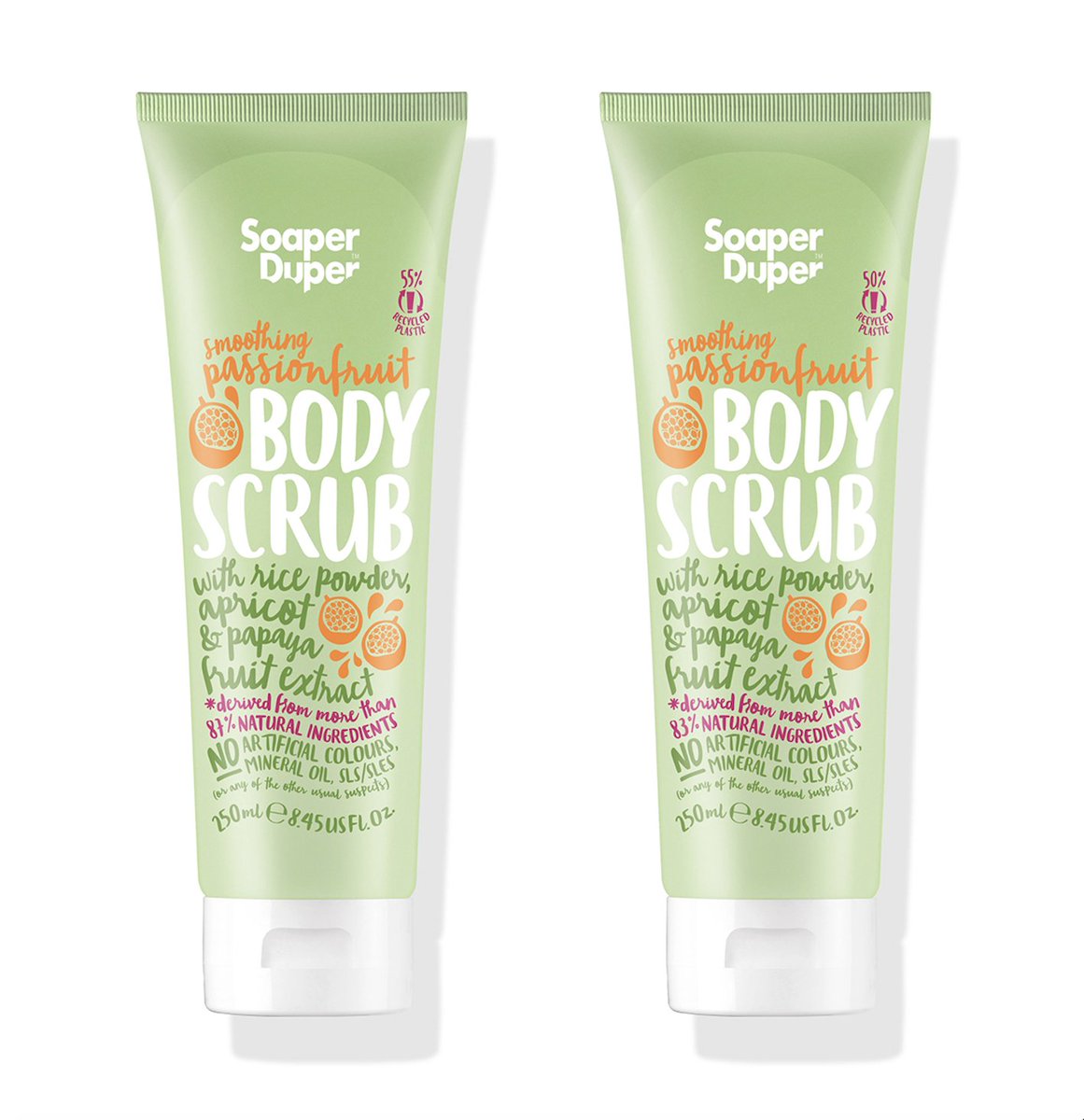 THERE ARE THREE DIFFERENCES 
between the labels on one of our new 
 Smoothing Passionfruit Body Scrub tubes and the other (not in real life, obviously, as consistency in packaging is key). 

Can you spot them? AND NO LOOKING AT EVERYBODY'S ELSE'S ANSWERS!