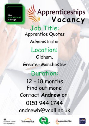 WEPROMISEFUTURE's tweet photo. VPS Evander Ltd based in Oldham are looking for an Apprentice Quotes Administrator.  For further information and to apply https://t.co/89uCCJZQAZ https://t.co/0GSx4NAEyC