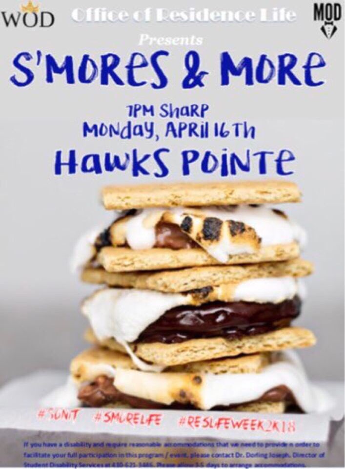 tobereal16's tweet photo. Join @ResLifeUMES @UmesWOD & @Umes_Mod for S’mores & More at 7PM in Hawks Pointe. #UMES #ResLifeWeek2018 https://t.co/Wcwcp4WelY