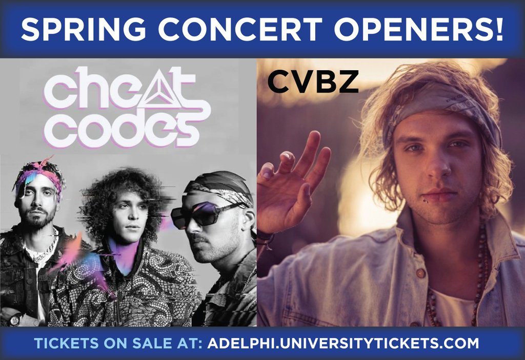 AdelphiSAB's tweet image. Into EDM? We got you covered! Cheat Codes, and CVBZ will be performing at Spring Concert! Tickets are almost sold out so get them now at adelphi.universitytickets.com #AdelphiSAB