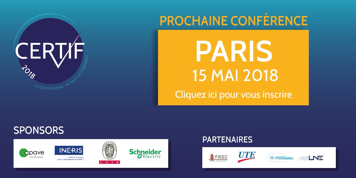 Dans la continuité des #conférences de #Lyon et #Strasbourg, pensez à vous inscrire à la prochaine session à #Paris le 15 mai à <a href="/Espace_Hamelin/">Espace Hamelin</a>. Inscrivez vous en cliquant ici : certifparis.evenium.net
<a href="/FIEEC/">FIEEC</a> <a href="/INERIS_fr/">Ineris</a> <a href="/BureauVeritasFr/">Bureau Veritas France</a> <a href="/SchneiderElec/">Schneider Electric</a> <a href="/PierreSELVA/">Pierre SELVA</a>