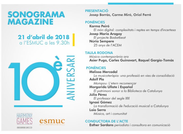 Harmony_Games's tweet photo. Aquest dissabte 10 anys de #SonogramaMagazine
 🗓️ 21 d’abril de 9.30 a 14.00 al l’ESMUC (c/ Padilla 155, BCN)
Ponències i taules rodones amb @kpeiro @MelissaMercadal @UllateE @gomezmargarit i molts més!!!
Més informació a: https://t.co/MUm5RudzMA
Acte gratuït. Inscriu-t'hi! https://t.co/6NEUgfcs33