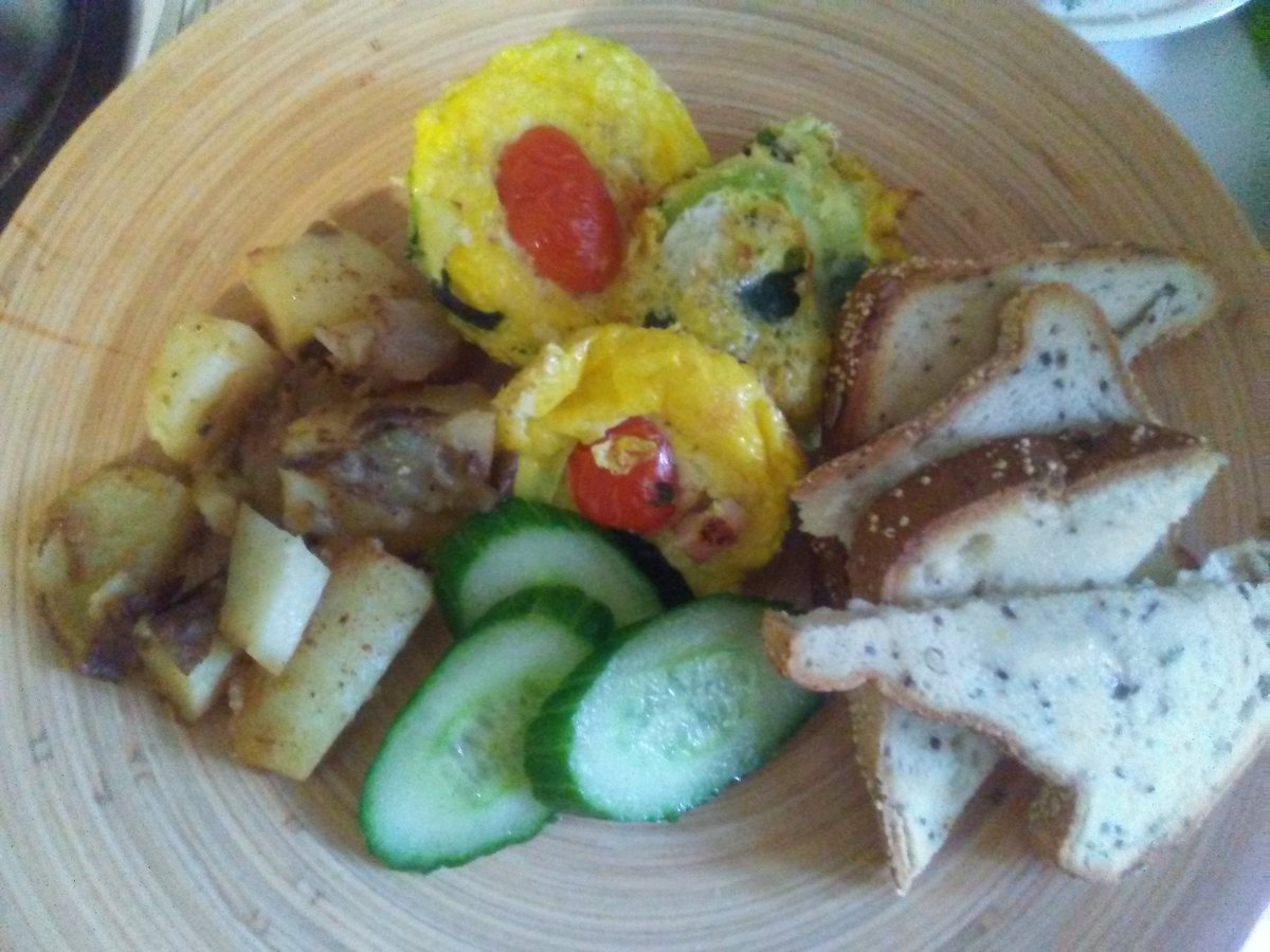 Hey @brunette_bangs they are done and done. Zucchini and egg cups with home fries and cucumber.