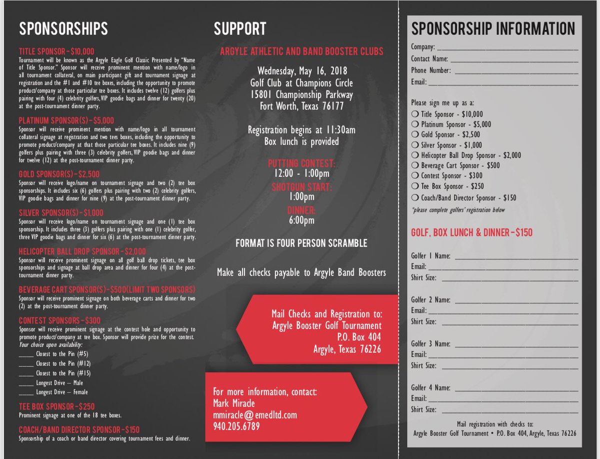 mzangier's tweet photo. It is time to treat yourself and your company to a Golf extravaganza.  Join us May 16th at the Golf Club at Champions Circle. We need sponsors, donors and golfers. Please support our Argyle Band and Athletic programs- our kids need you! @ArgyleMSBand @ArgyleHSBand  @ArgyleSports https://t.co/eDjufLO0vA