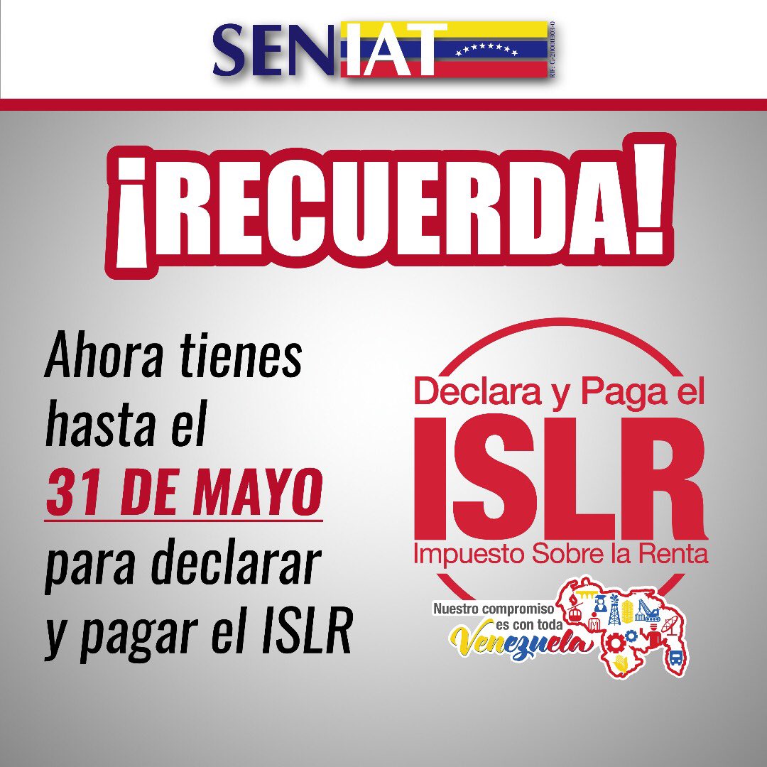 jdavidcabello's tweet photo. Hoy #16Abr les recuerdo que pueden realizar su declaración y pago del #ISLR hasta el #31May y cumplir con Venezuela. #SeniatEsPatria #QueTusTributosSeanPorVenezuela https://t.co/lMp9WMMYMX