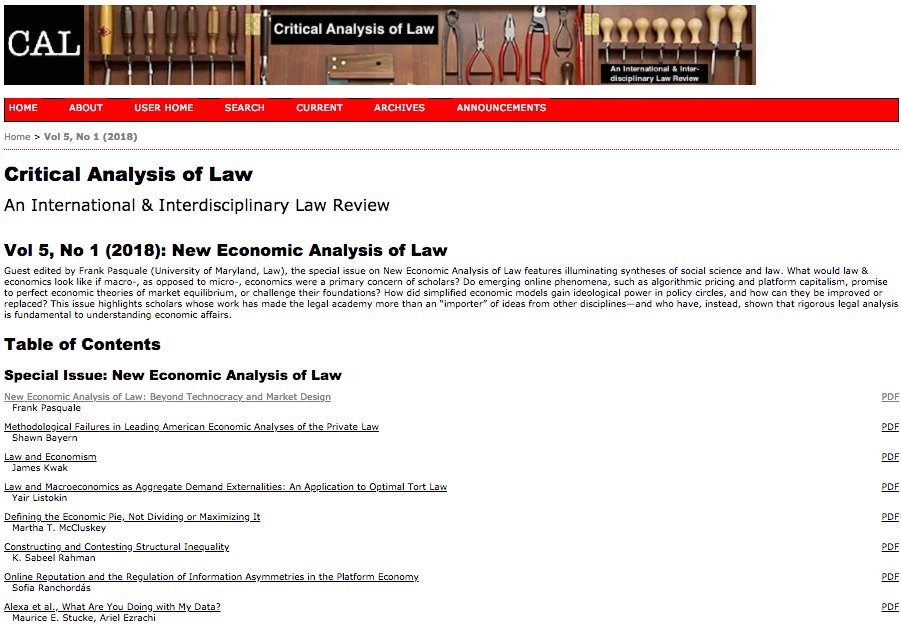 CAL_et_al's tweet photo. 🔔 Just Published: Critical Analysis of Law’s Special Issue on ☛ NEW ECONOMIC ANALYSIS OF LAW (@FrankPasquale, guest editor) https://t.co/8ydakirEvJ @Utlaw @CAL_et_al @rotmanschool @NicoLacetera @ArsScripta @MarkusDubber @elliemarshall https://t.co/RON03seUTu