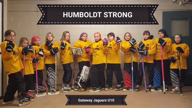 LoretteRingette's tweet photo. At the @LoretteRingette 3 on 3 #ringette Tournament the support for the Humboldt Broncos continues as the U10 Gateway Jaguars flag their skates with Broncos green and yellow. Thanks Coach Pam! #Humboldtstrong @ringettecanada @MBRingette @wpgringette https://t.co/fT6Z8c4M9Y