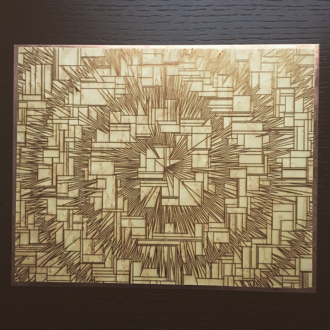 JacobJoaquin's tweet photo. Lines and Rectangles 20180415
J. Joaquin and J. Good
Code, Copper, Wood
· · ·
#abstract #art #creativeCoding #generative #generativeArtifact #laserEtch #processing https://t.co/wQSQjaD34r