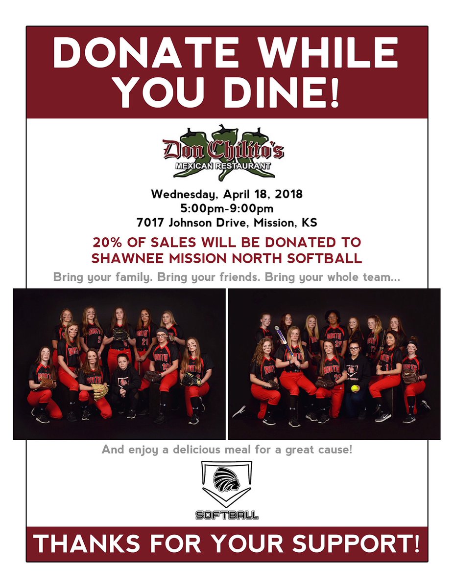 SMNorthSoftball's tweet photo. Hey, friends! This Wednesday, April 18, from 5-9pm we are hosting a fundraiser. Our friends at @DonChilitosKC are generously donating 20% of the proceeds to SMN Softball. Bring your friends. bring your fam. Bring your whole team! And please RT!! https://t.co/2Ul4aR2itF