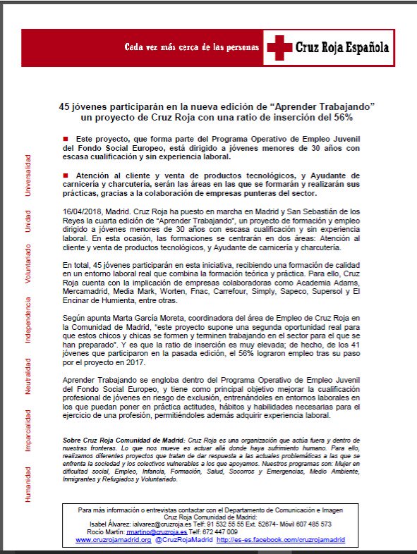 CruzRojaMadrid's tweet photo. Gracias a empresas como @Adamsformacion, @mercamadrid_hoy, @MediaMarkt_es, @Fnac_ESP, @CarrefourES y #ElEncinardeHumienta 45 jóvenes podrán formarse y practicar en sectores d atención al cliente/productos tecnológicos, y ayudante de carnicería y charcutería #AprenderTrabajando https://t.co/FVTpsLD1Fq