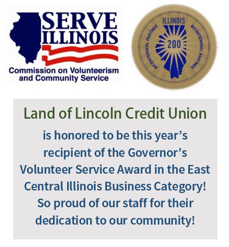 LandofLincolnCU's tweet photo. We are so honored! Our community means so much to LLCU and we hope this award helps spread the word to other businesses about the importance of volunteerism and helping the communities in which we work and live. #BankOnLearningMore #ServeIL #IllinoisProud https://t.co/TuvhF4od61
