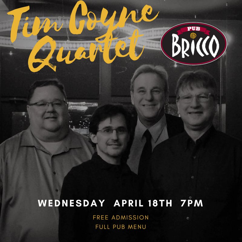PubBricco's tweet photo. The Tim Coyne Quartet will be joining us at Pub Bricco, Wednesday 4/18! Come by to hear their straight-ahead jazz performance, including originals and classics! Doors open at 6pm, admission is free, and our full pub menu will be served! https://t.co/m6tUSN0JgE #AkronMusicScene https://t.co/zuZvHHniI1