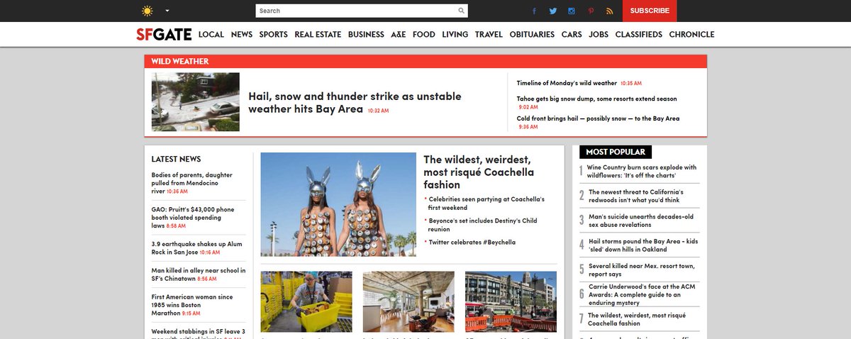 avinash's tweet image. It is important be be consistent with your navigational structure.

I wanted to read a sports story, @sfgate. I click on Sections (image 1), I don&apos;t see Sports (image 2). 

But, if I go to max resolution I get a new nav structure (image 3) at the top that has Sports.

#UXbasics