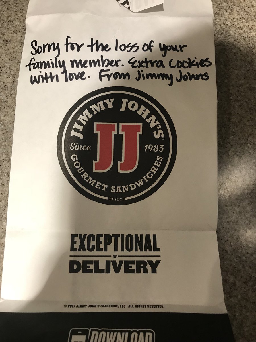 Thanks to Jimmy John’s in Tupelo, MS. There are lots of good, kind people in this world despite what we hear everyday.  <a href="/jimmyjohns/">Jimmy John’s</a>