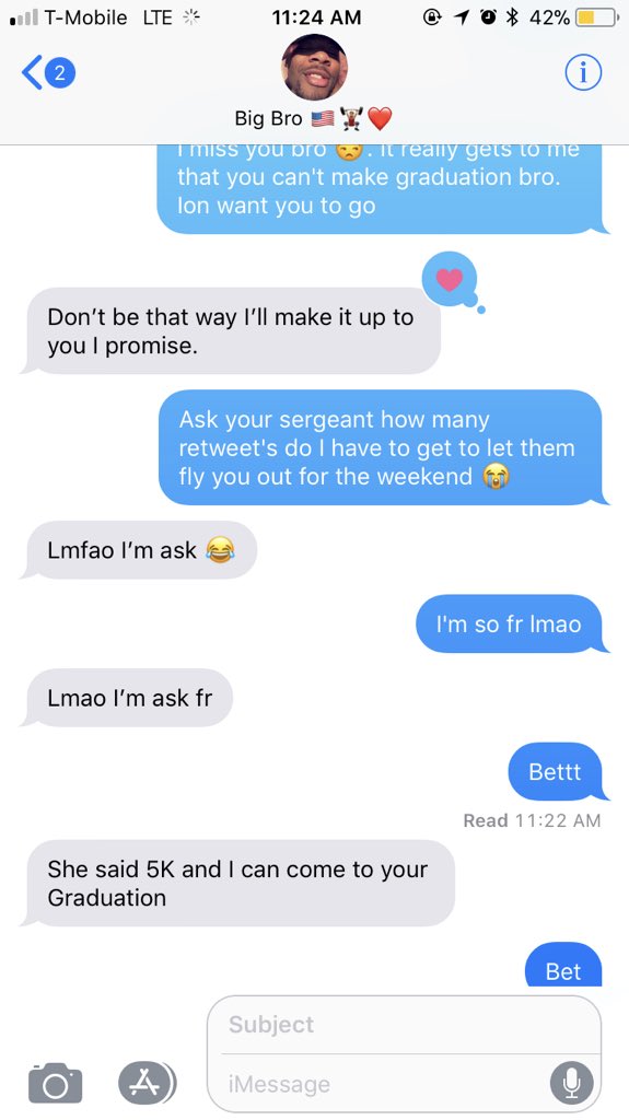 _abreeyah's tweet photo. Twitter, 
I am a 17 year old graduating Senior at Texas High School, Texarkana, TX. My older brother is in the military and he is supposed to get deployed before my graduation (May 26) . Please help me reach 5K retweets so he can be in attendance ! It would mean the world to me! https://t.co/VMFKMcCVm5