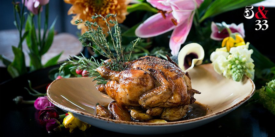 Now on our #menu: the taste of Italian primavera. 🌺 ‘Galetto al ginepro’ is a slow-cooked spring chicken with gin, lemongrass, thyme butter and potatoes. #5and33