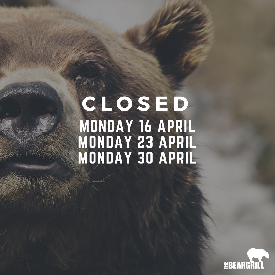thebeargrill's tweet photo. Just a reminder that we're closed for the next few Monday's #TheBearGrill #BeMoreBear #Stafford #WDYT https://t.co/rmE7VckW9o