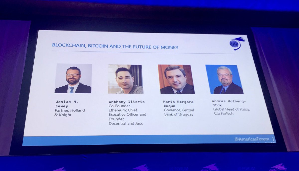 Excellent panel on Blockchain, bitcoin and the future of money. Listening to Anthony Di Iorio, Erhereum co-founder and foind r and CEO of Decebtral and Jaxx.
Desintermediation technology has an incredible potential across sectors.