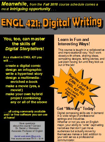 IUP_English's tweet photo. Both these fall courses offer great opportunities for professional development in the composition and production of digital texts:
ENGL 360 Editing &amp; Publishing CRN: 12491
ENGL 421 Digital Writing CRN: 12501 https://t.co/lGJ7850CB4