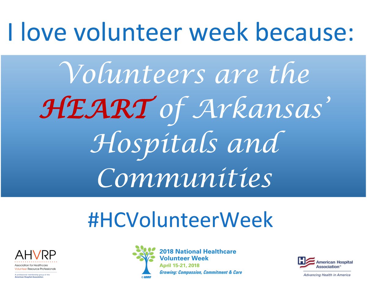 arkhospitals's tweet photo. We love National Healthcare Volunteer Week because volunteers are the  HEART of Arkansas' hospitals and communities. To all of our hospital  volunteers... Thank you! #HCVolunteerWeek #AHVRP @AHVRPAHA https://t.co/ebEfOdDtV3